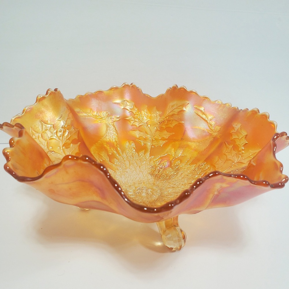 Fenton Stag and Holly Carnival Glass Bowl Marigold Iridescent Footed